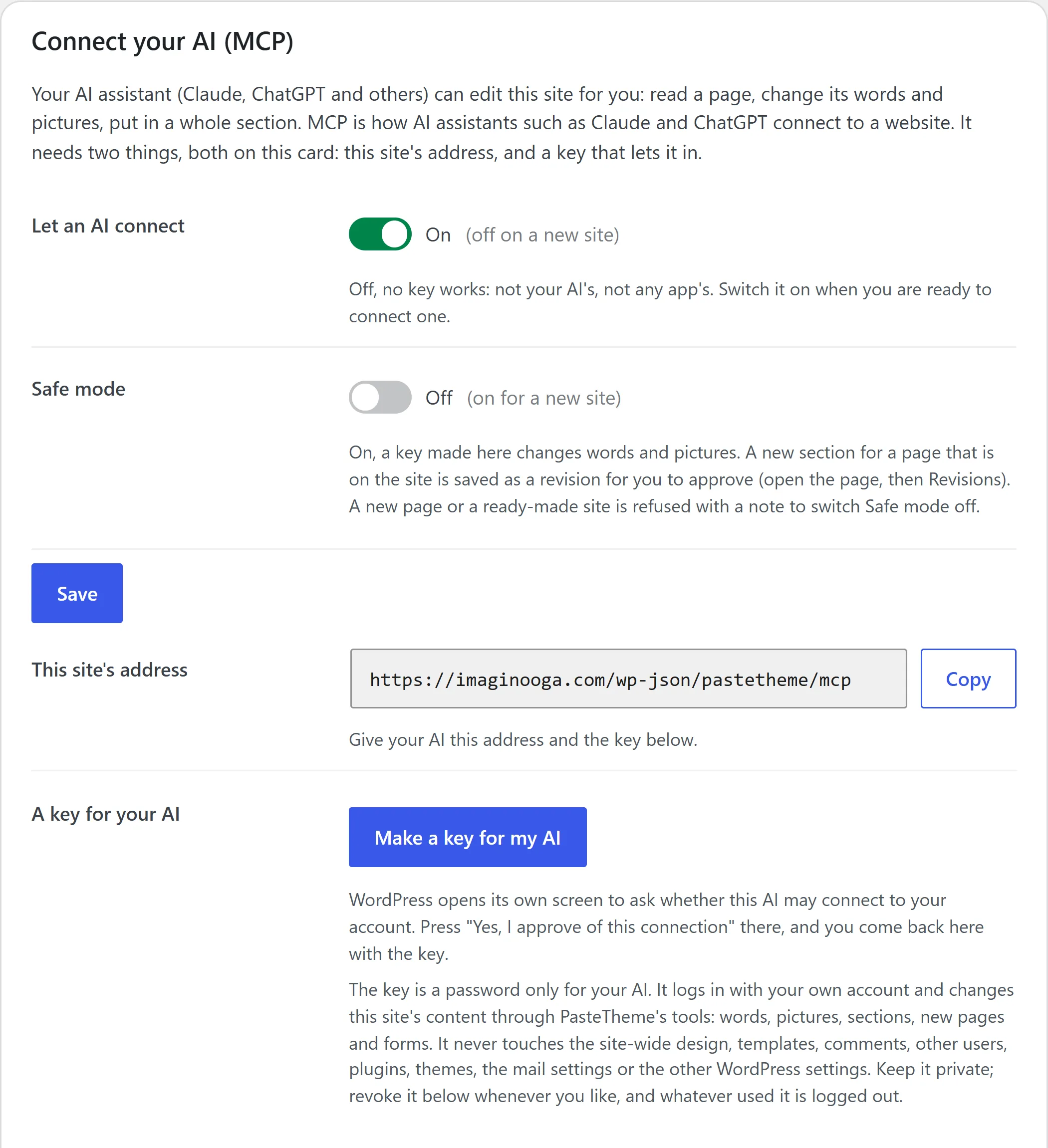 The Connect your AI (MCP) card: the Let an AI connect and Safe mode switches, the site's address for your AI with a Copy button, and a Make a key for my AI button that opens WordPress's own screen to approve the connection