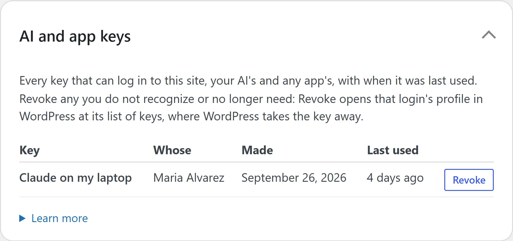 The AI and app keys card: one key, Claude on my laptop, whose it is, when it was made and last used, and a Revoke button that opens that login's list of keys in WordPress