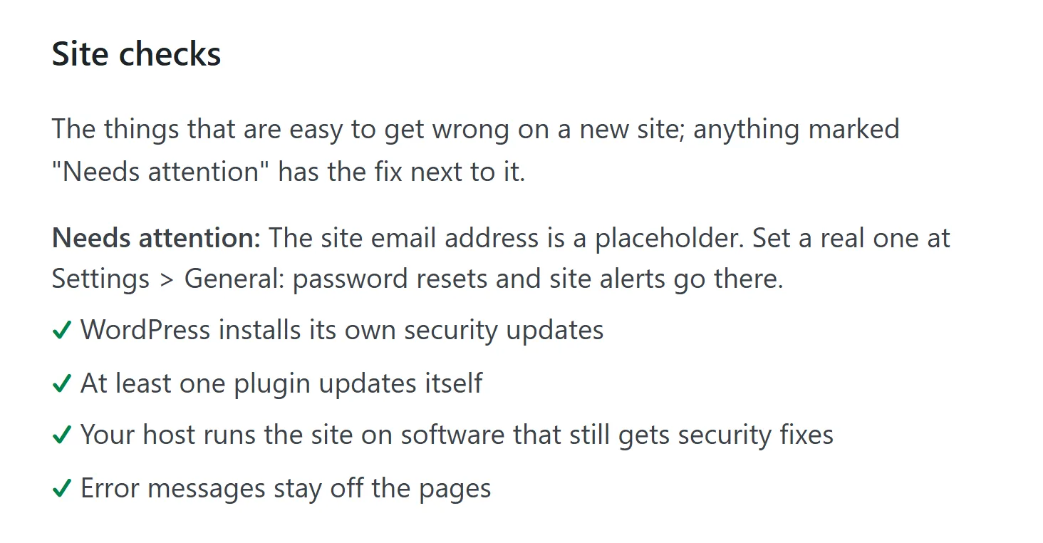 The first five site checks in Setup: one needs attention with its fix written next to it, the other four are ticked