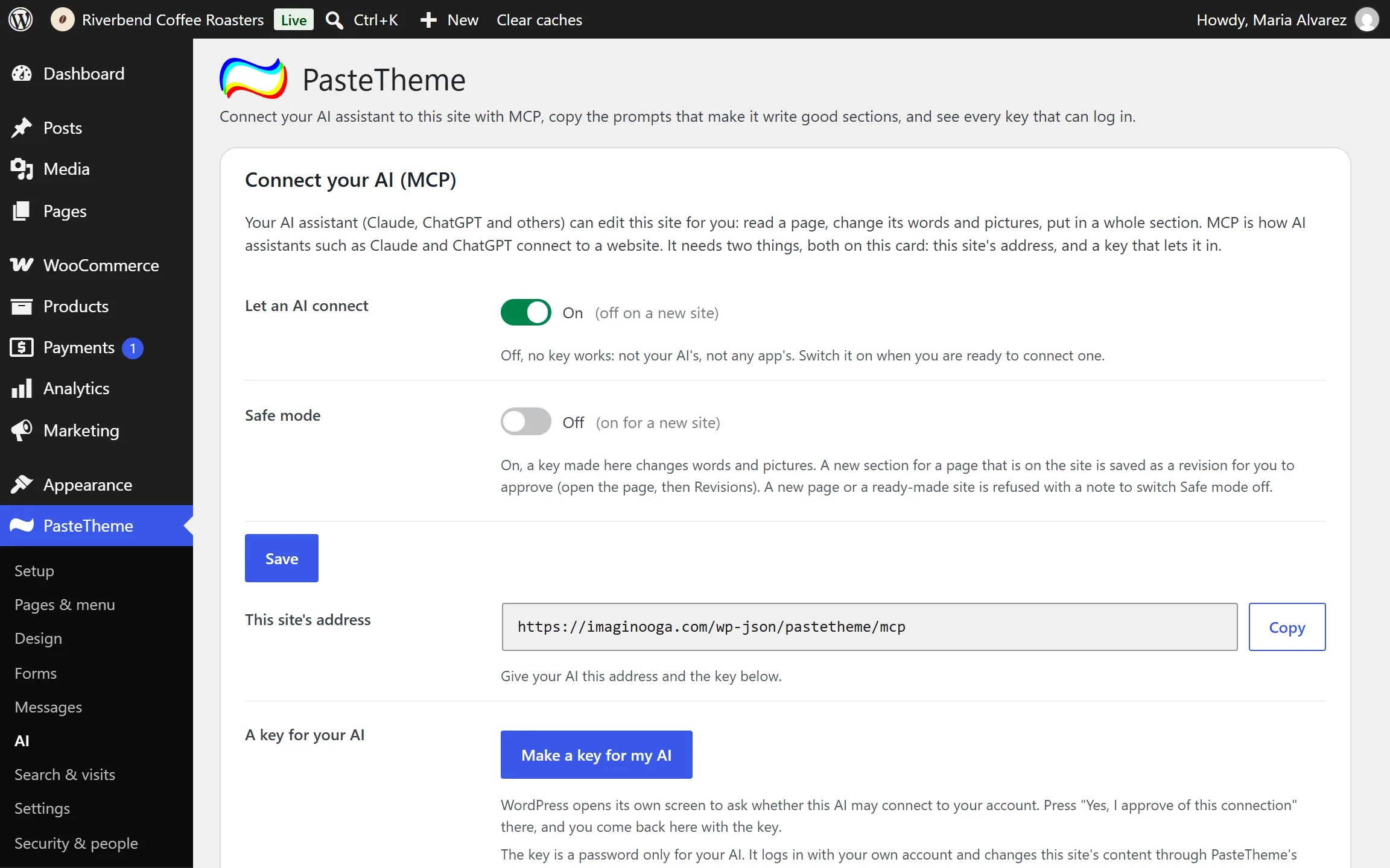 The AI screen: the Let an AI connect and Safe mode switches, the site's MCP address with a Copy button, and the Make a key for my AI button with a note that WordPress asks you to approve the connection
