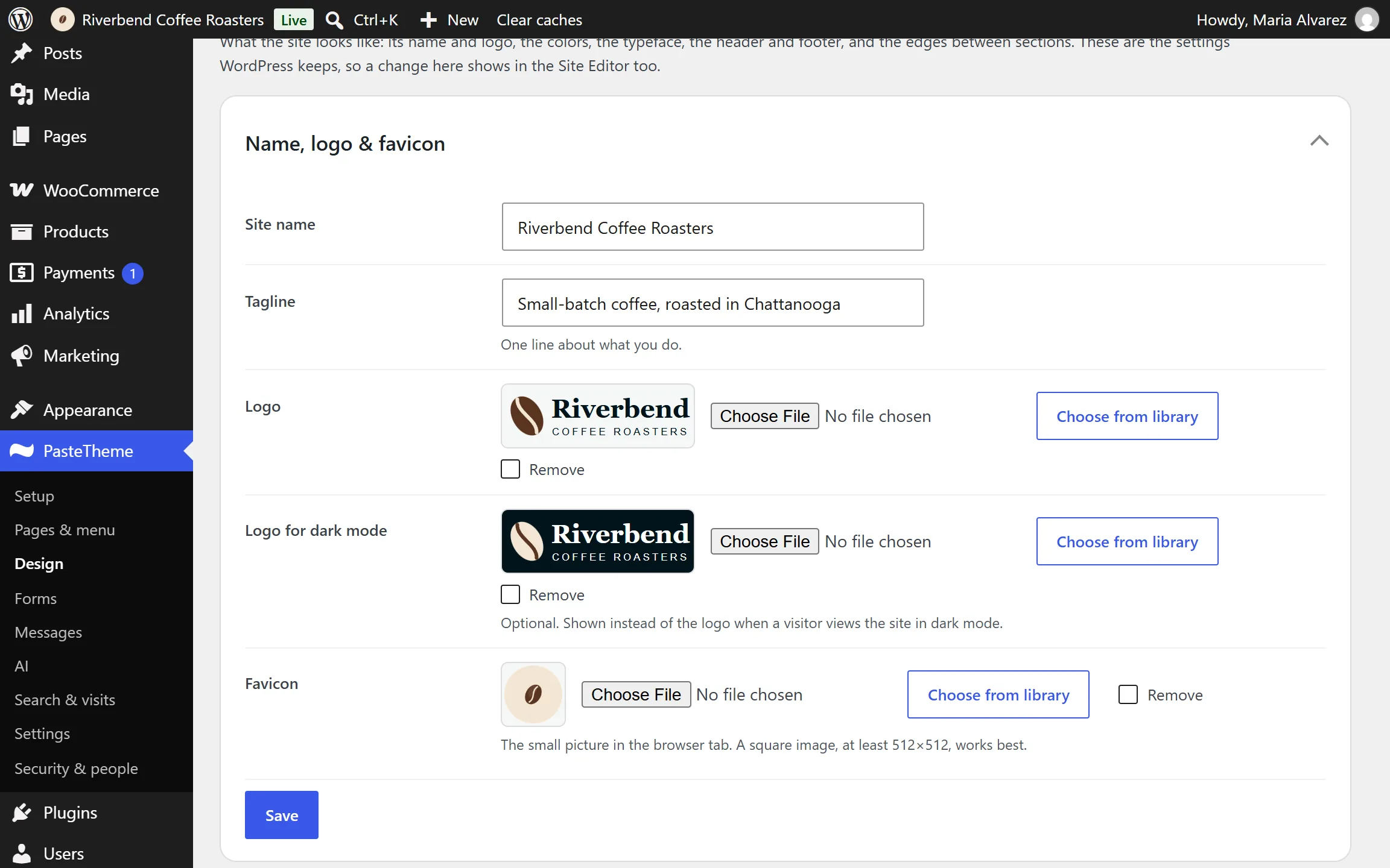The Design screen with Name, logo & favicon open: the site name, the tagline, both logos and the favicon.