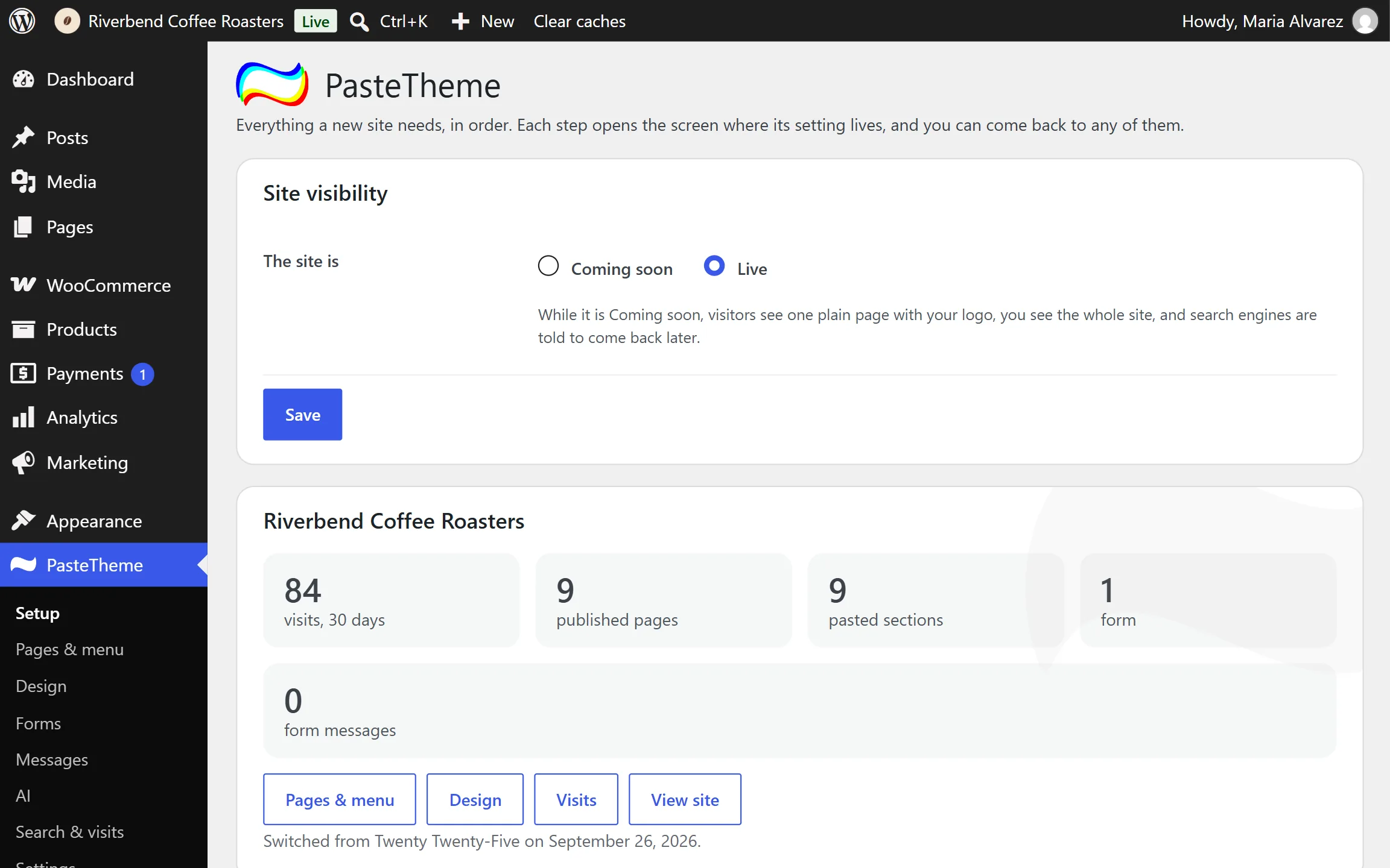 The Setup screen: the site set to Live, and the site's numbers: 84 visits in 30 days, 9 published pages, 9 pasted sections, 1 form and 0 form messages