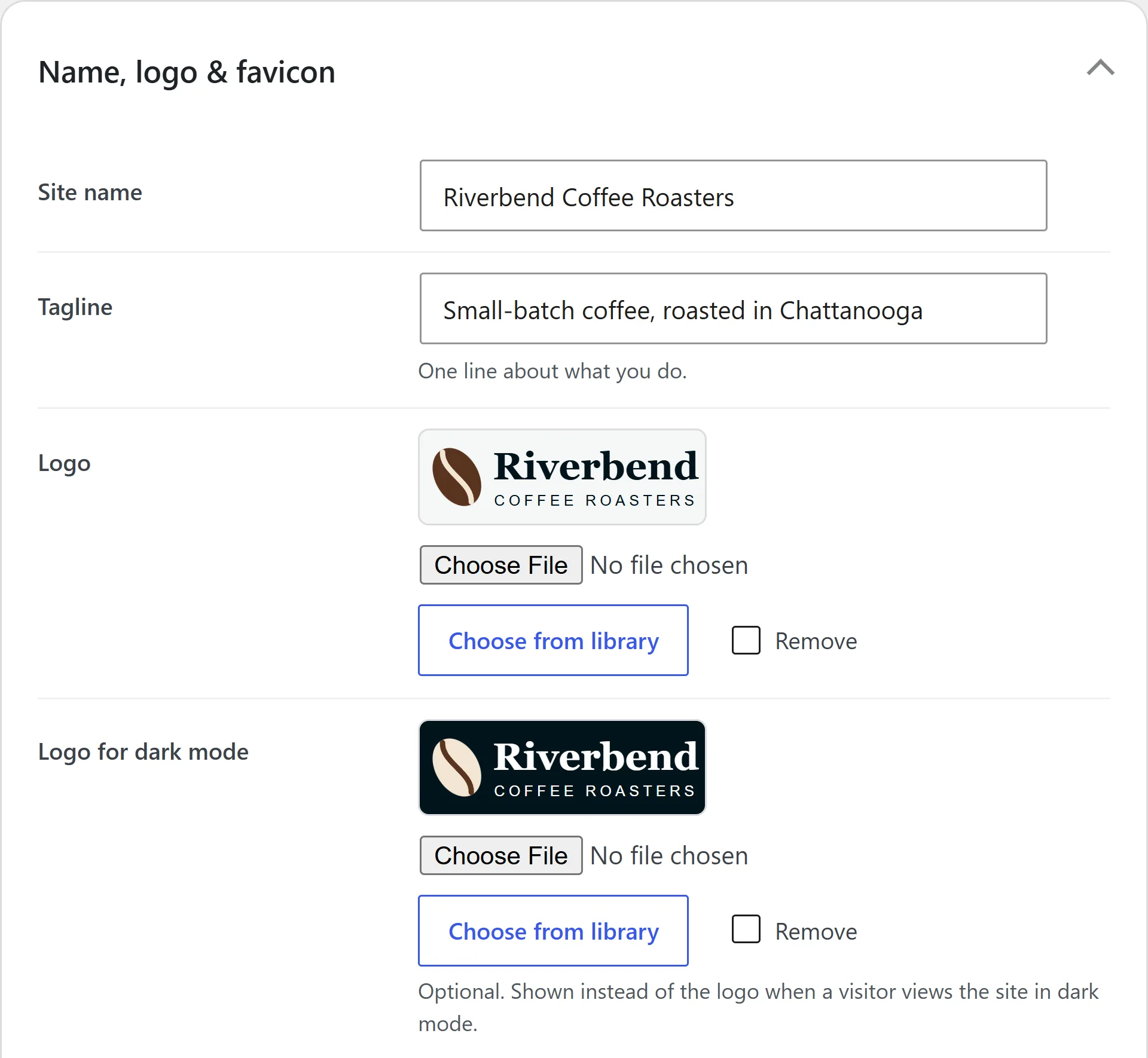 The Name, logo & favicon card on Design: the site name, the tagline, the logo and a second logo for dark mode