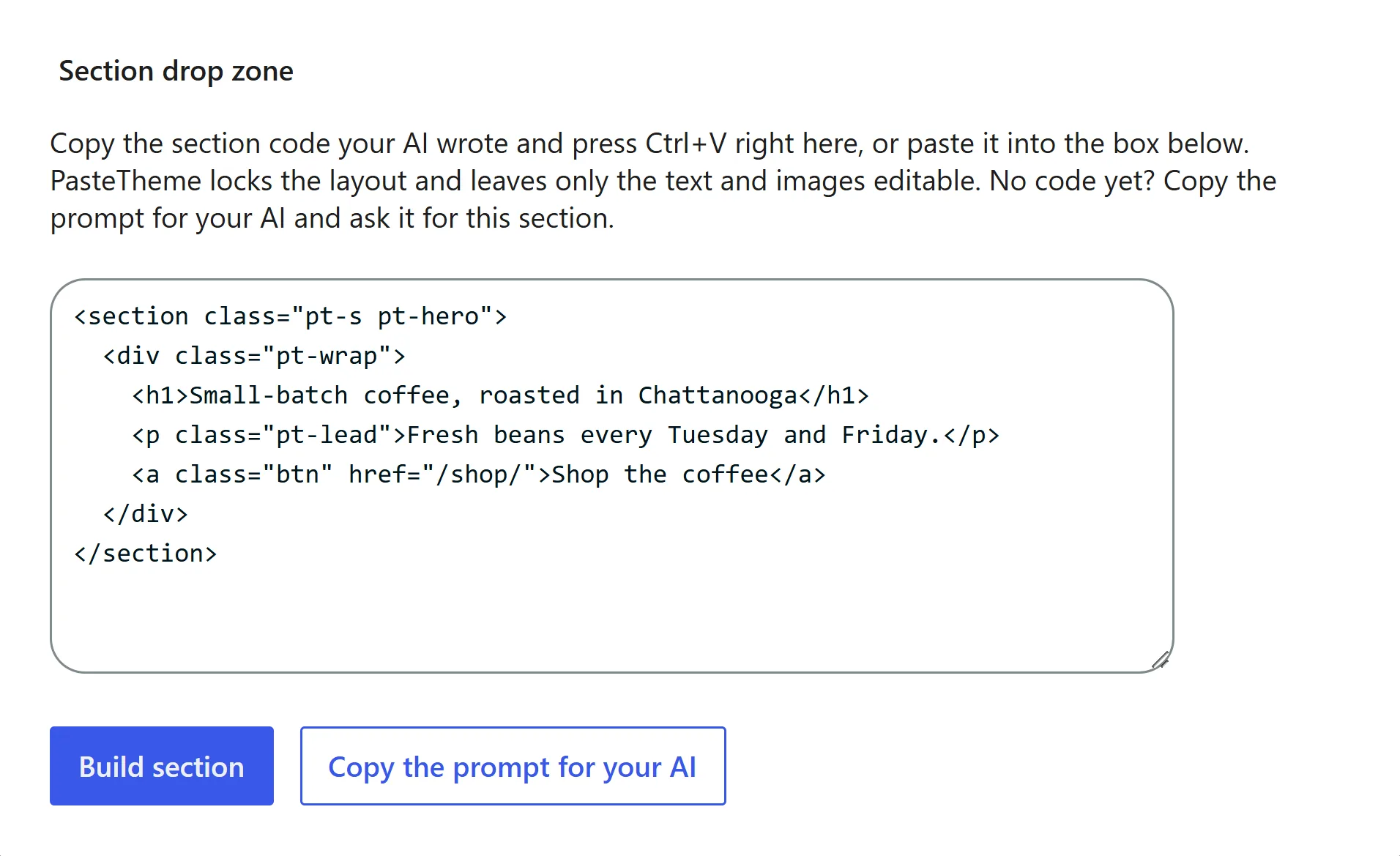 An empty section in the editor with a short hero section pasted into the box, a Build section button and a Copy the prompt for your AI button