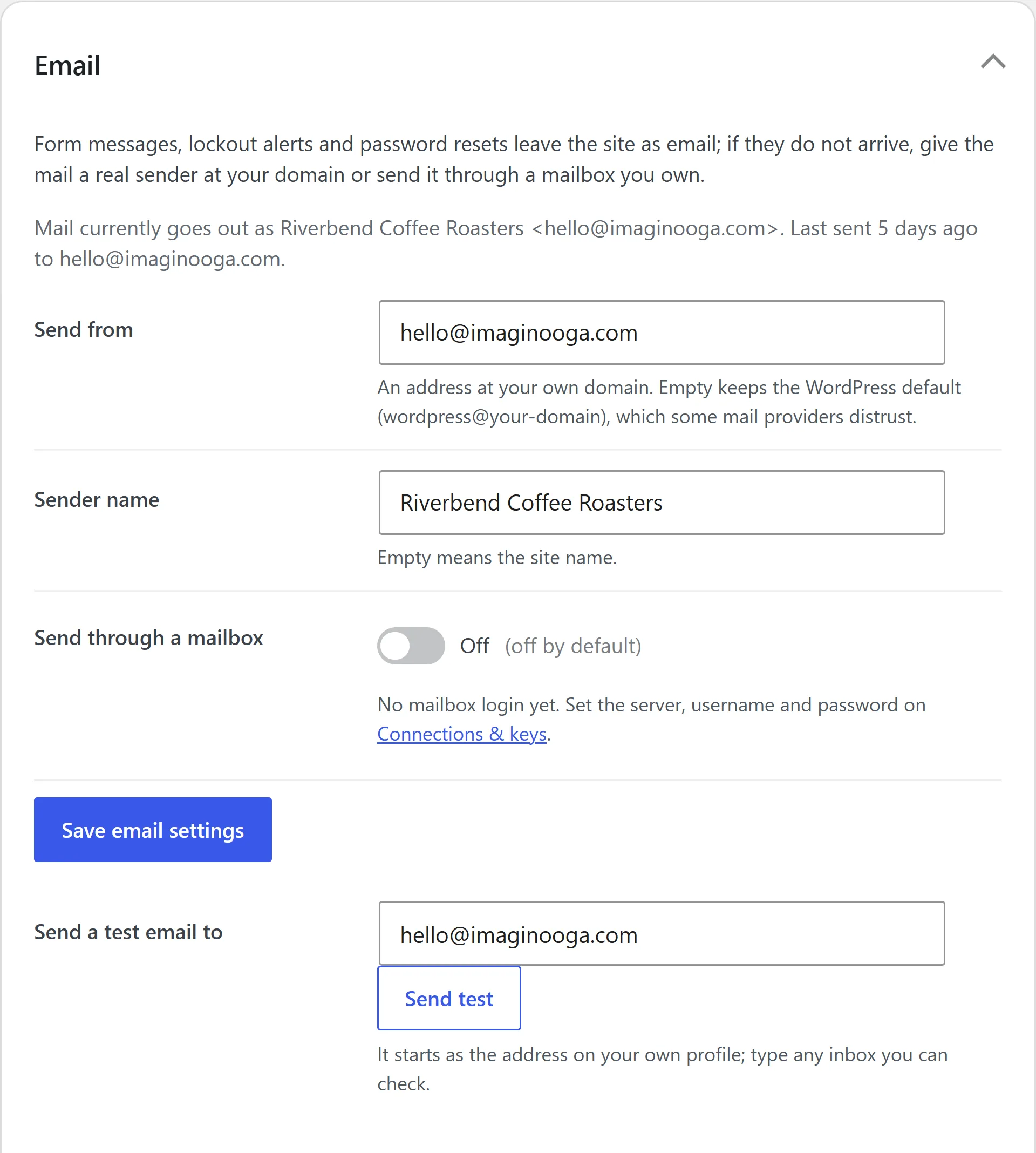 The Email card: mail goes out as Riverbend Coffee Roasters from hello@imaginooga.com, with the sender address, the sender name and a switch to send through a mailbox (SMTP)