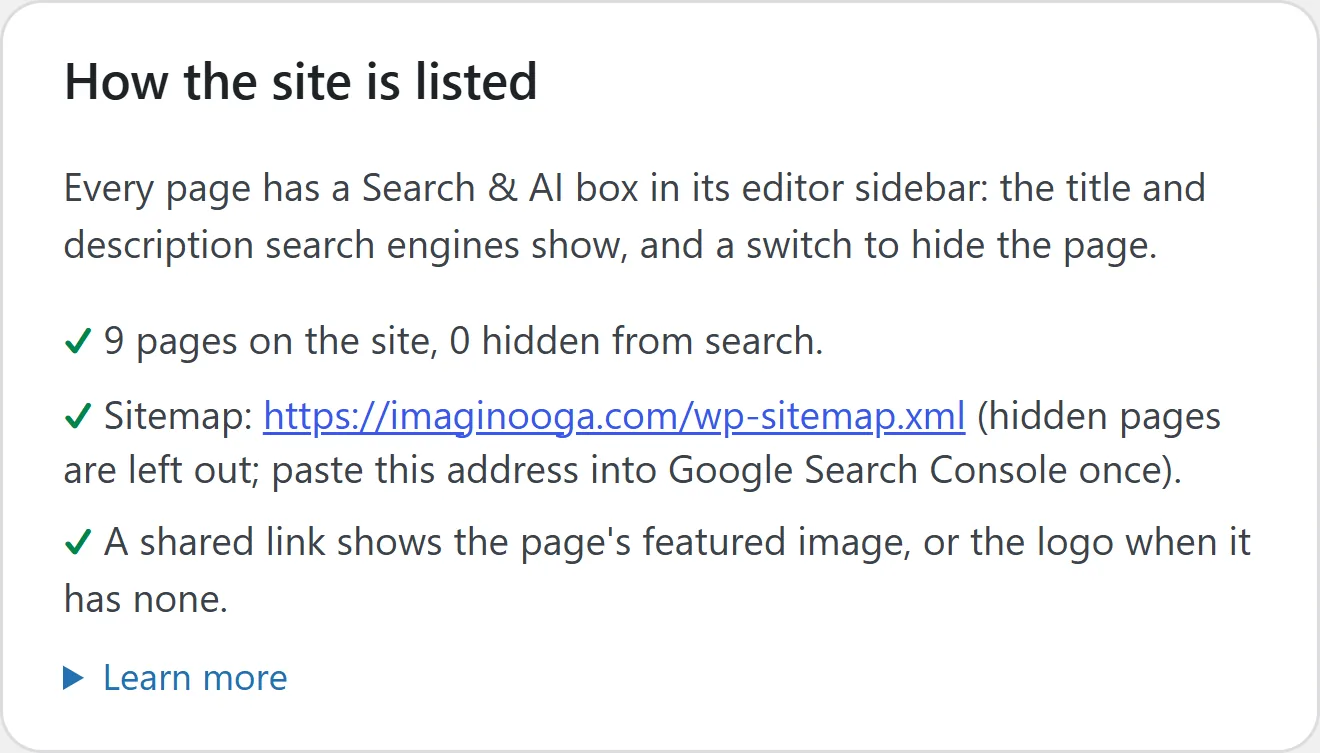 The How the site is listed card: 9 pages on the site and none hidden from search, the sitemap address to give Google once, and the picture a shared link shows