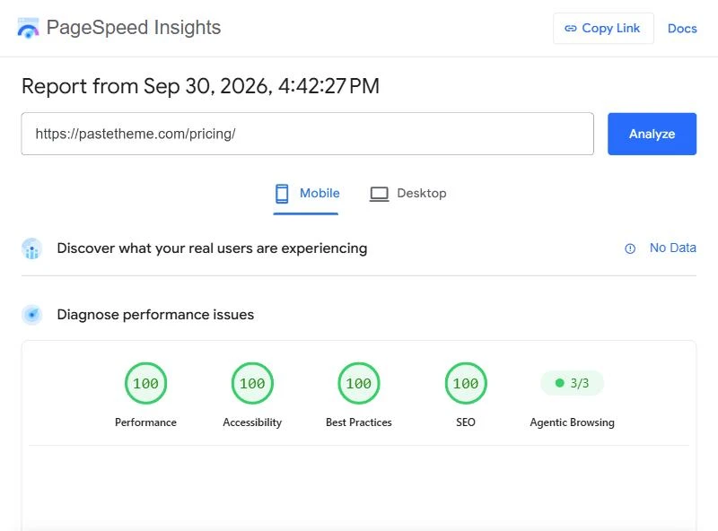 Google PageSpeed Insights for pastetheme.com on the Mobile tab, report from 26 Sep 2026: Performance, Accessibility, Best Practices and SEO all 100
