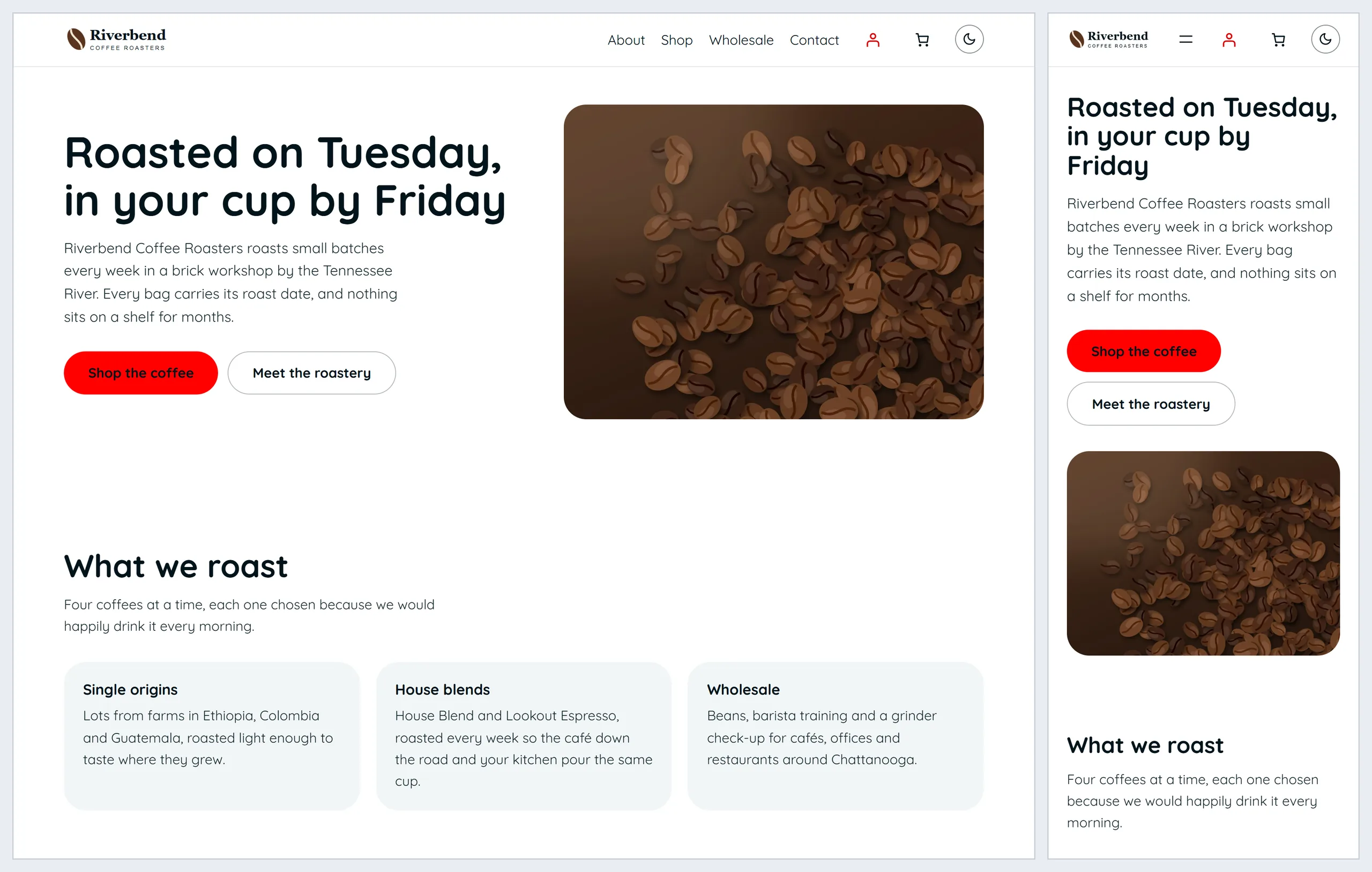 The same home page on a computer and on a phone, at the same zoom: on the phone the heading and spacing shrink to fit