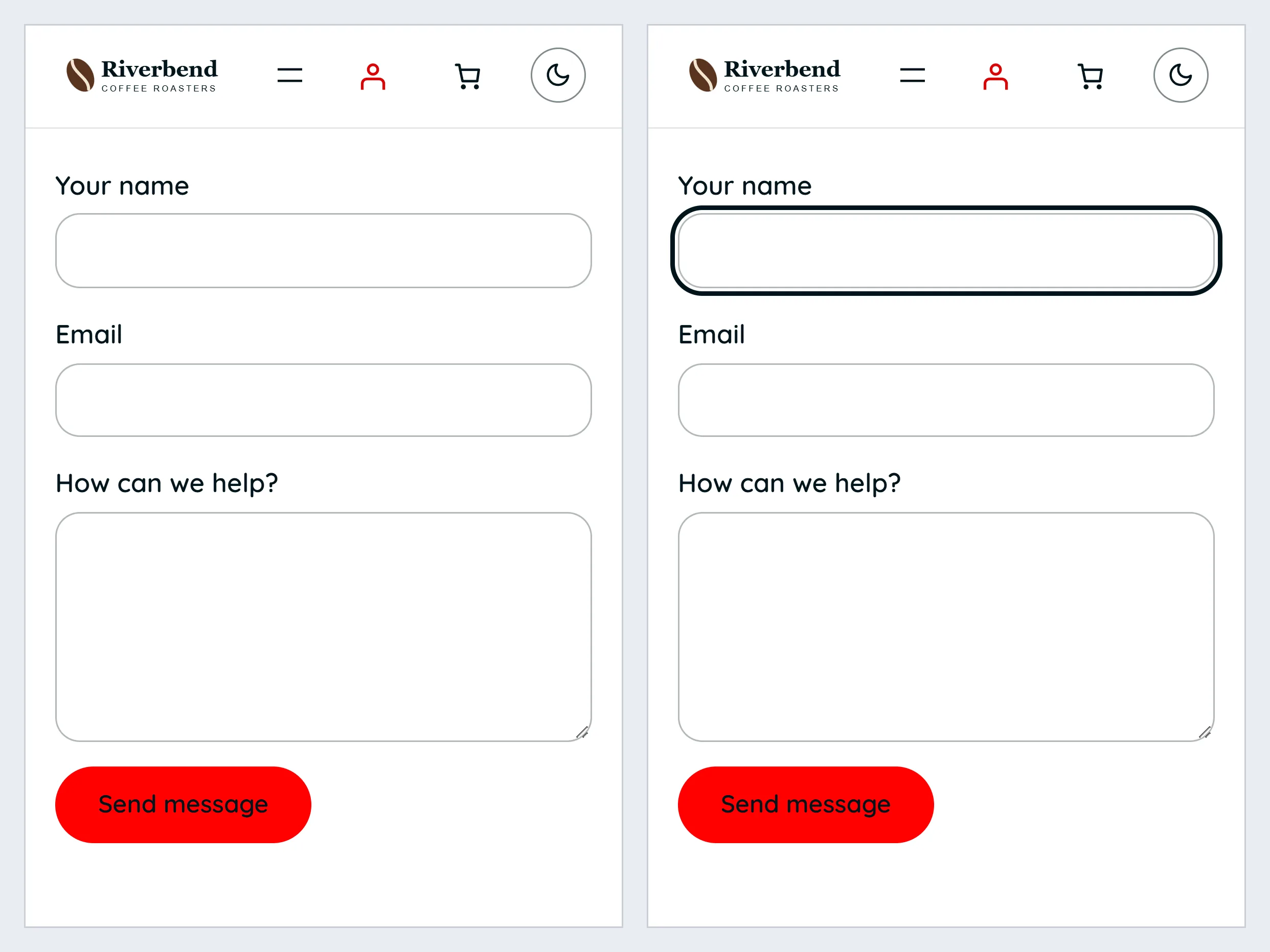 The contact form on a phone, before and after tapping the name field: the page stays the same size, with full-width fields and a big Send message button