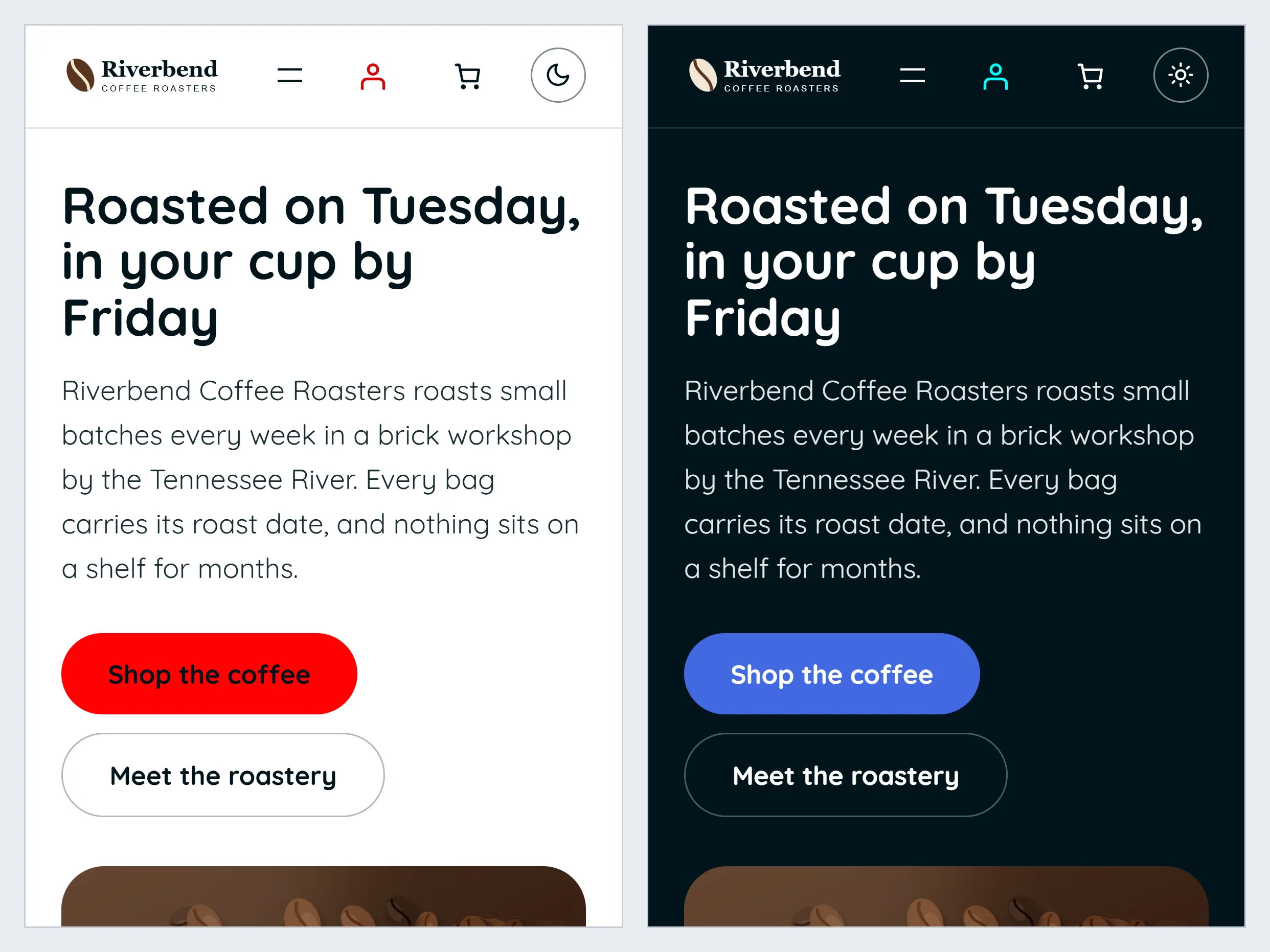 A sample coffee shop site made with PasteTheme, on a phone in light and in dark: the logo, the menu button, Pro's light and dark switch, the heading and two big buttons