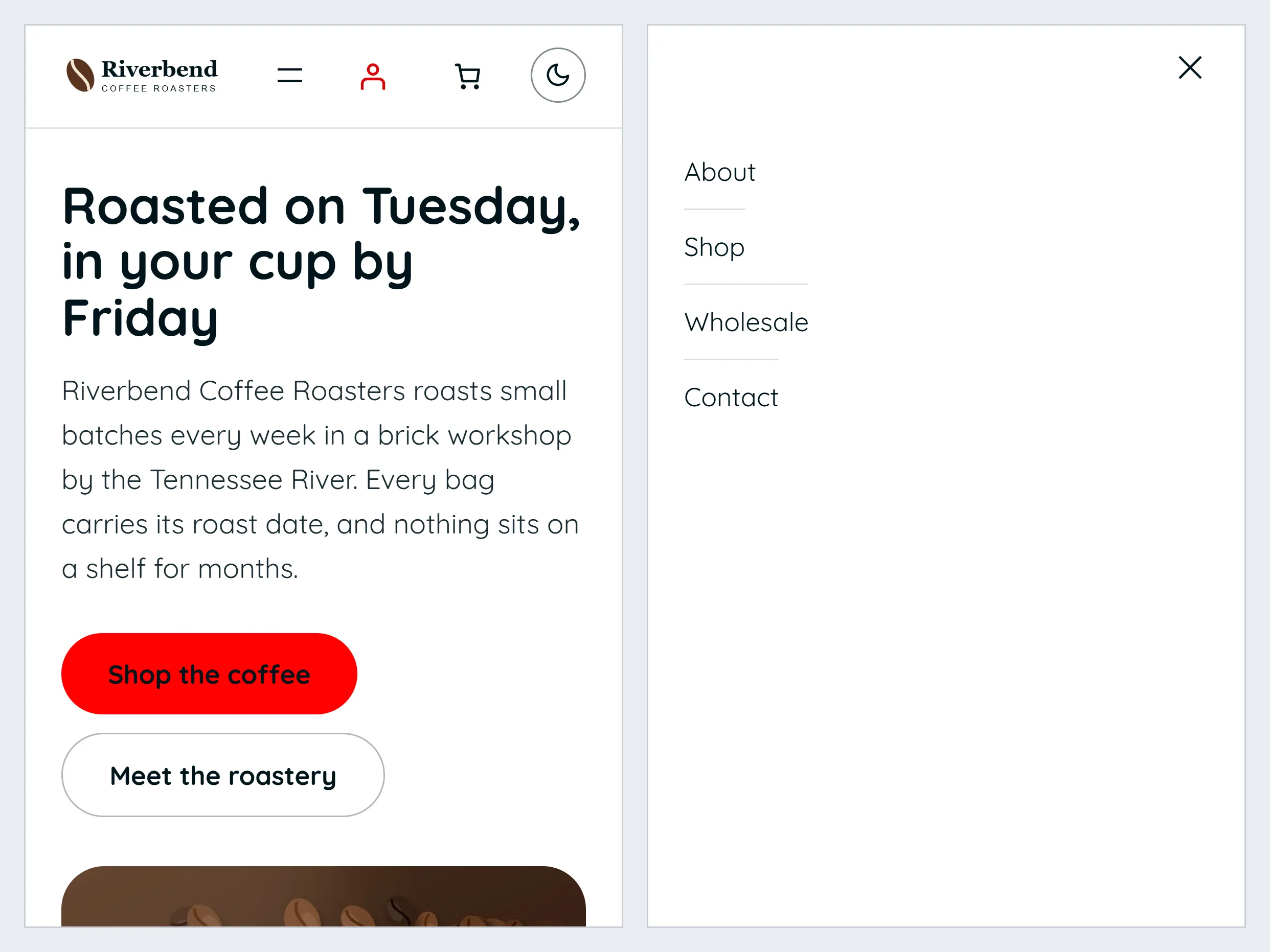 The same site on a phone: the menu folded into one button, then open, with four tall rows and a close button