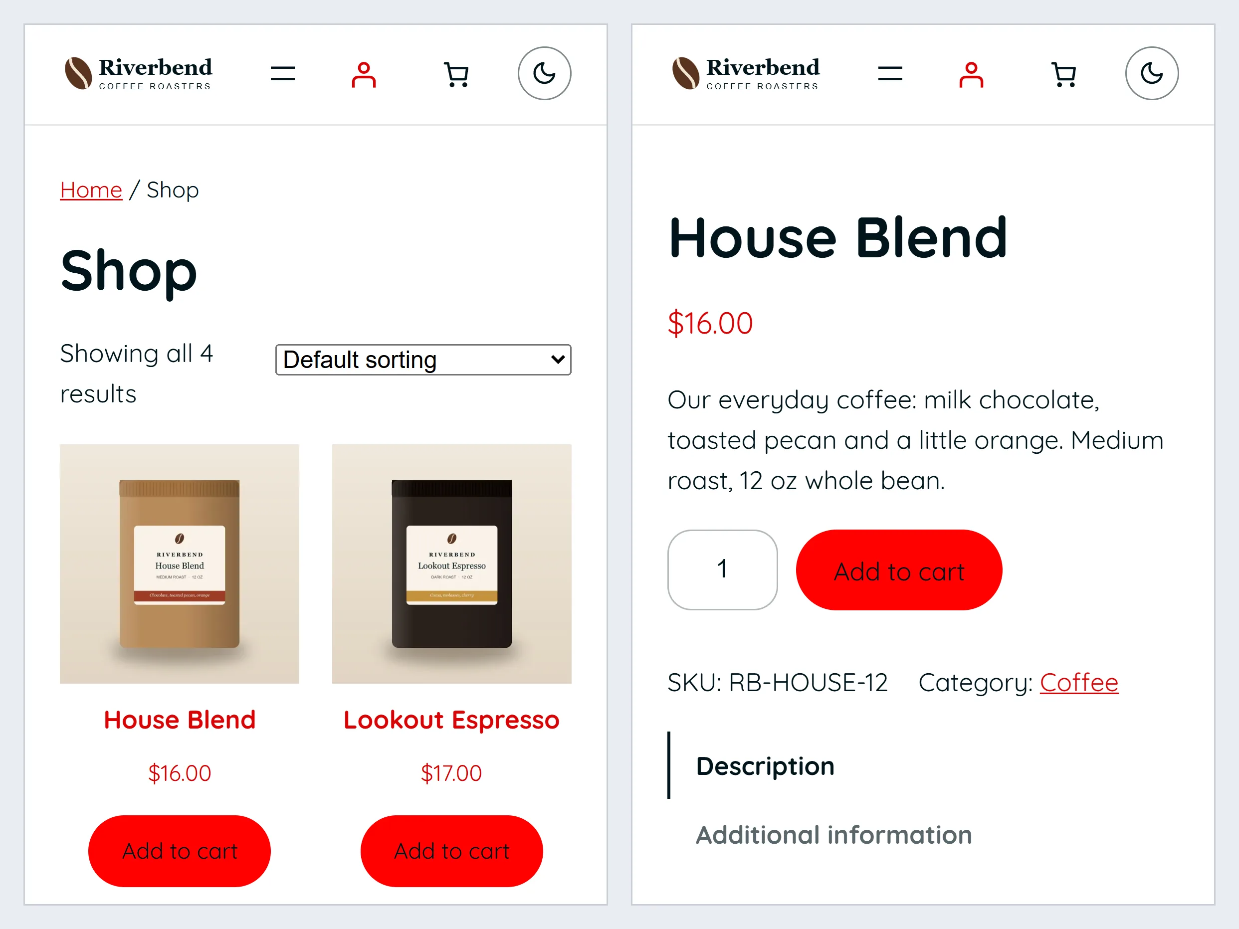 The same shop on a phone: two coffees side by side with Add to cart buttons, then a coffee's own page with its price, quantity and Add to cart