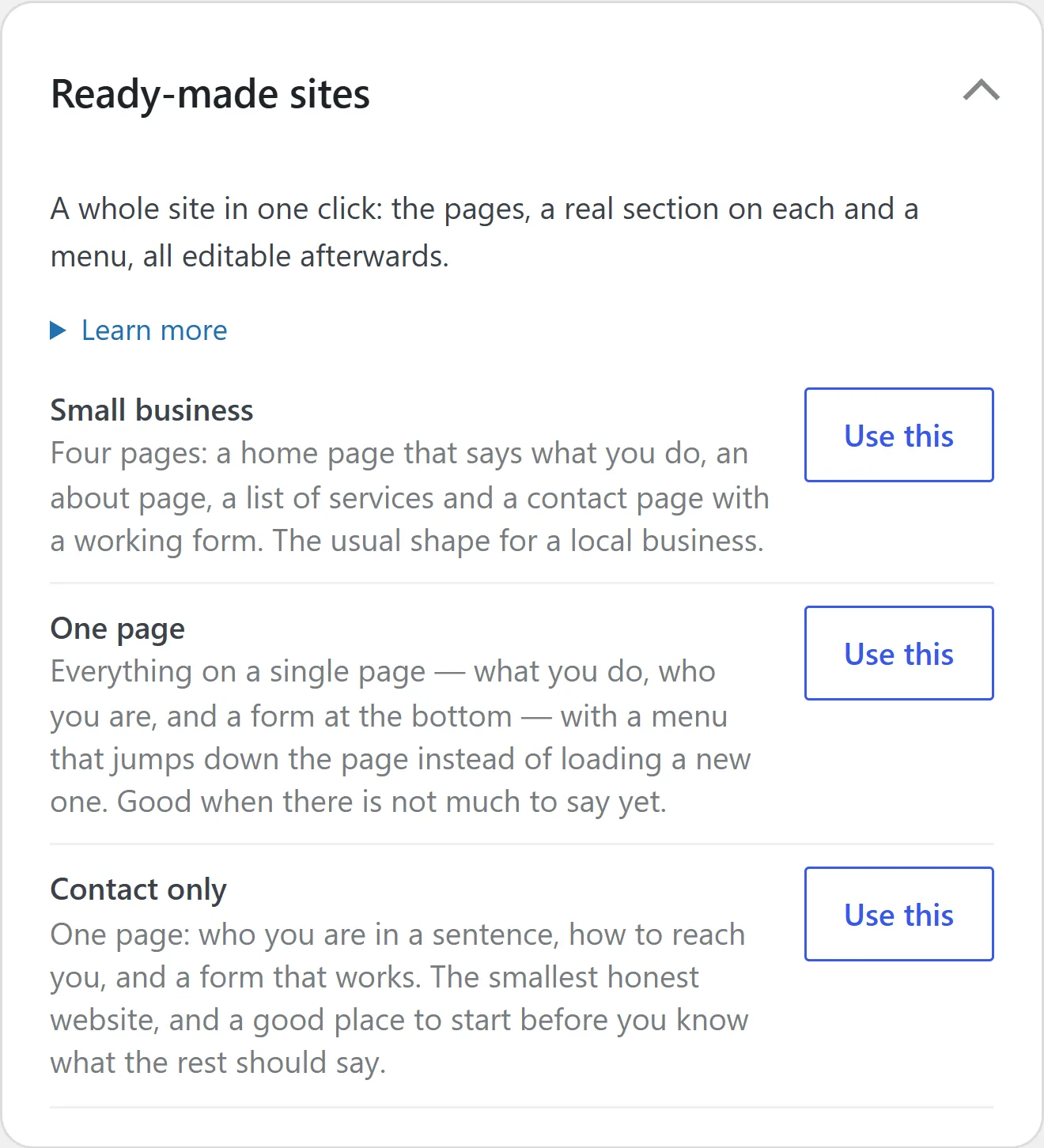 The Ready-made sites card on Pages & menu: Small business, One page and Contact only, each with a short description and a Use this button