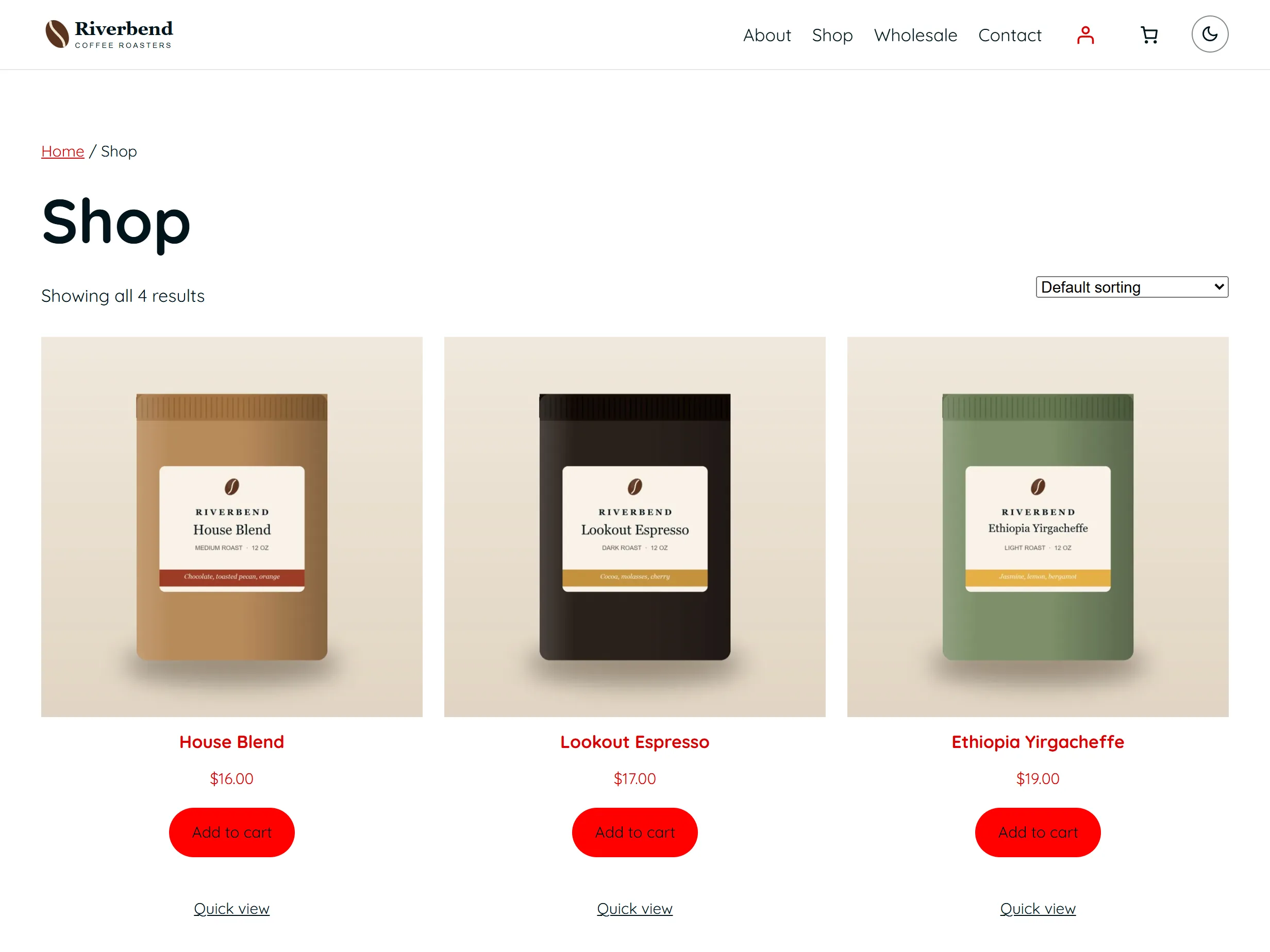 A coffee roaster's shop made with PasteTheme: the header with the account and cart icons, then three coffees with prices and Add to cart buttons