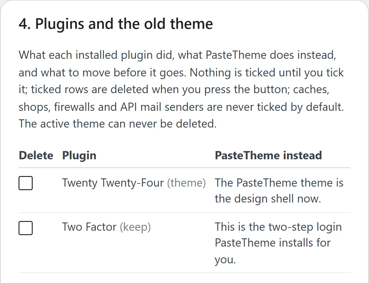 Step 4 of the Switch screen once PasteTheme is active: the old theme with a box to tick for deleting it, and the two-step login plugin, each with what PasteTheme does instead.
