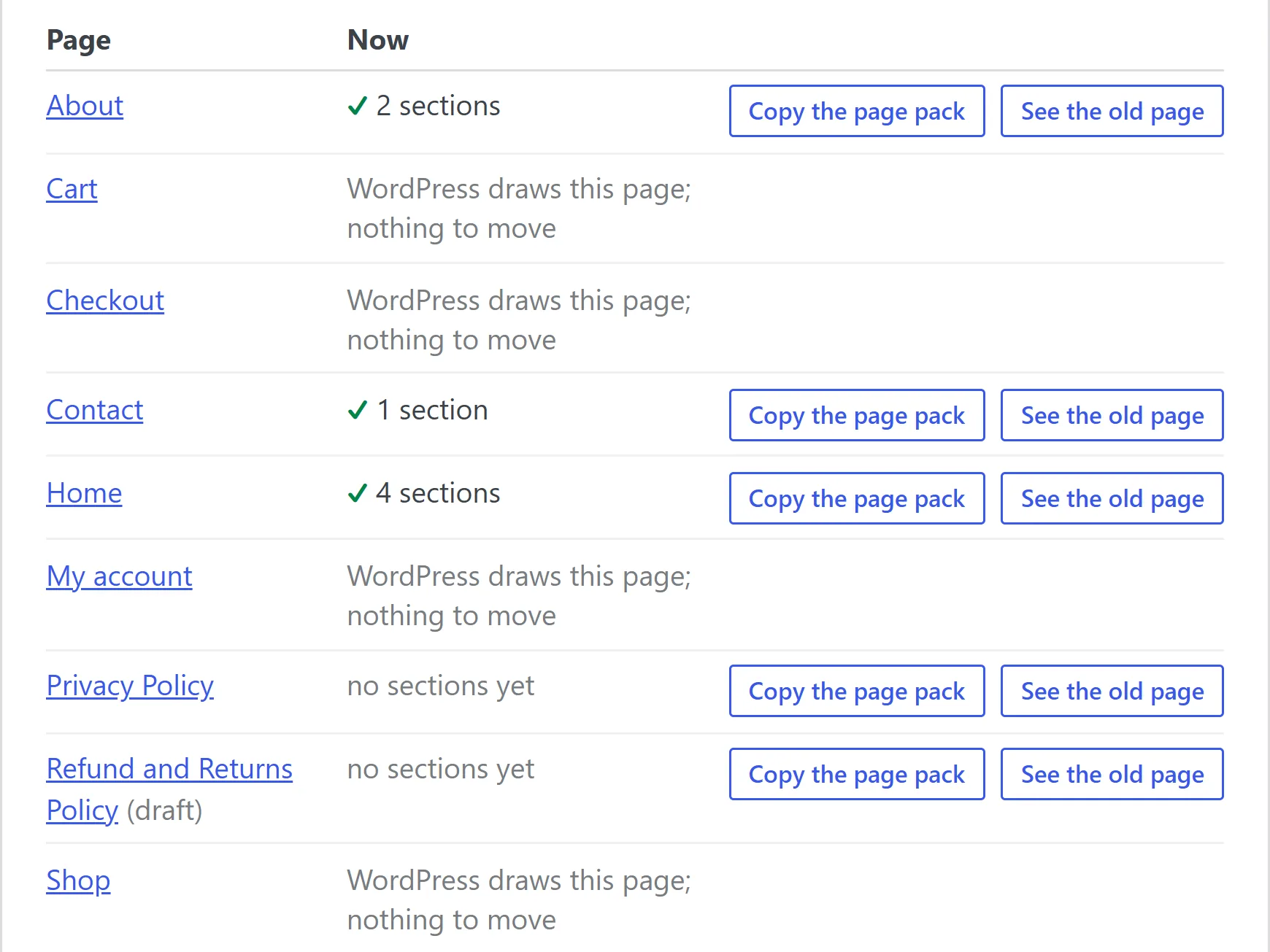 Step 3 of the Switch screen: each page and what it holds now (its sections, no sections yet, or a note that WordPress draws the page), with Copy the page pack and See the old page buttons on every page that has something to move