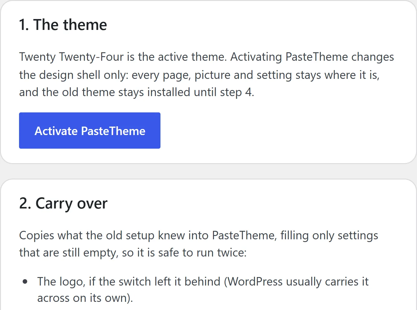 The Switch screen, steps 1 and 2: Twenty Twenty-Four is still the active theme, with an Activate PasteTheme button, then the first thing Carry over copies across: the logo, if the switch left it behind
