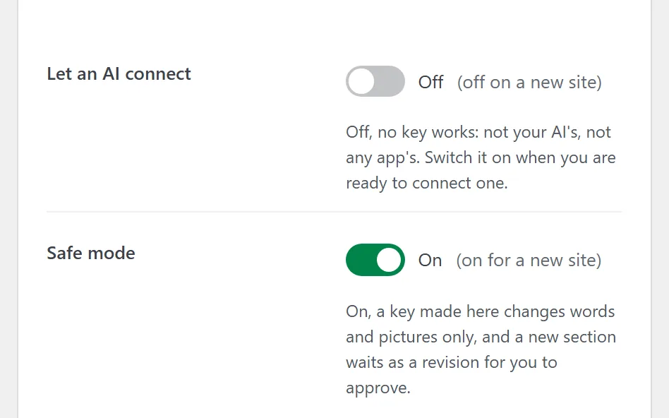 The Connect your AI card's two switches: Let an AI connect, off on a new site, and Safe mode, on, so a key changes words and pictures only