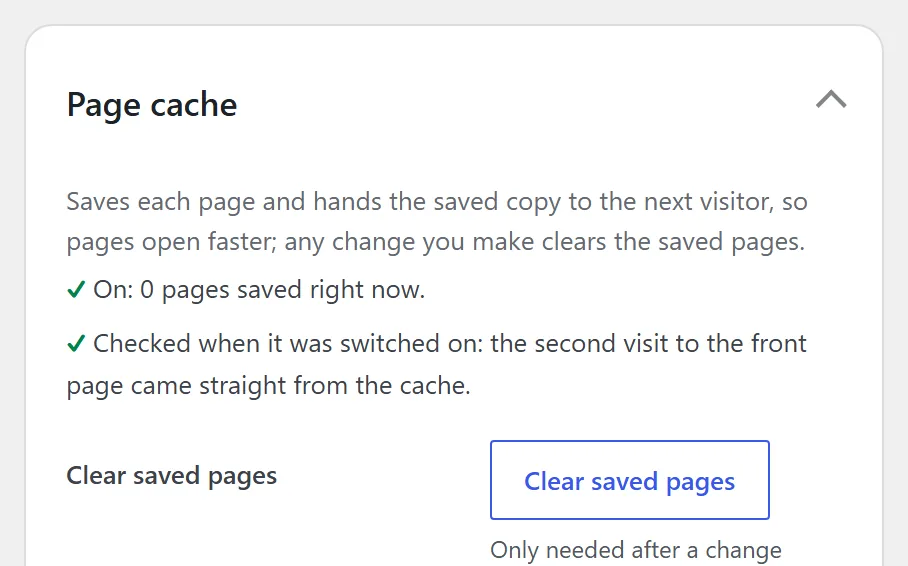 Pro's Page cache card: each page saved and handed to the next visitor, on, and checked when it was switched on