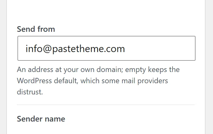 The Email card on Forms: Send from, an address at your own domain, then the sender name