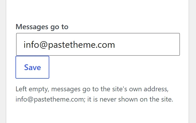The Your contact form card on Forms: messages go to the address you type, with a Save button