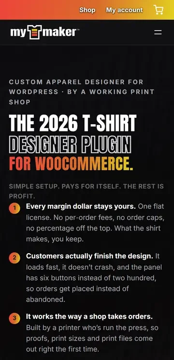 mytmaker.com on a phone: the T-shirt designer's home page
