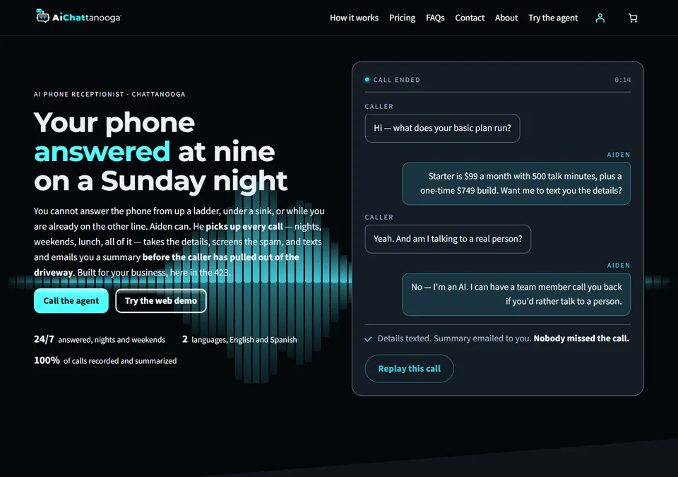 The aichattanooga.com home page on a computer, the sound wave up