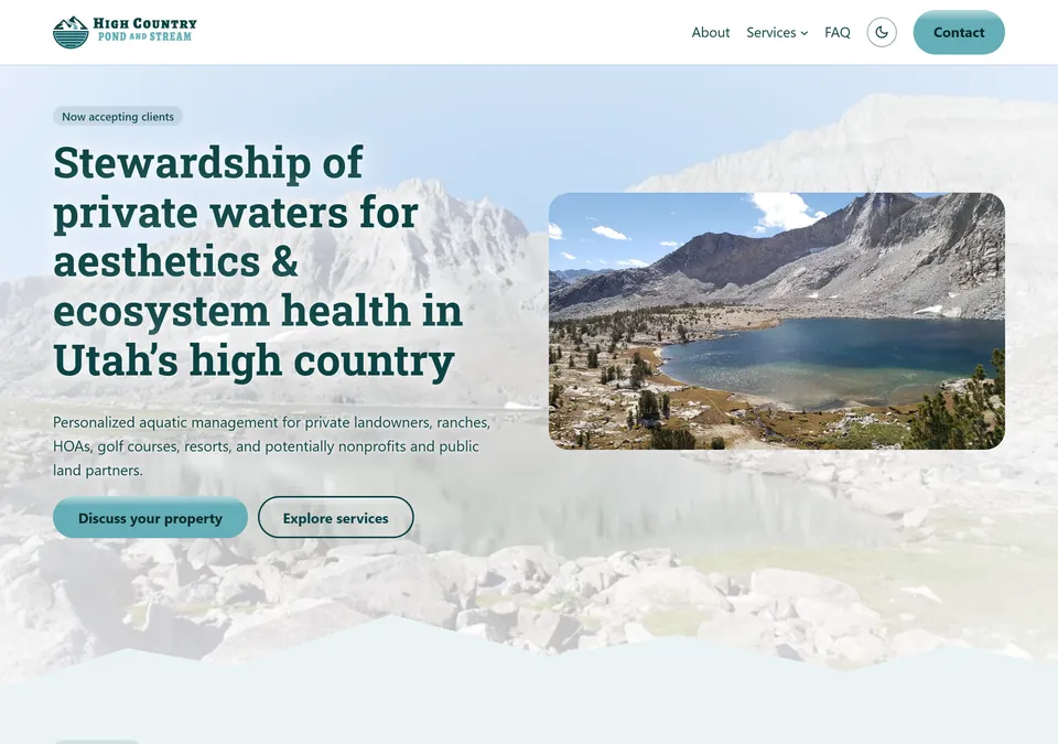 The highcountrypondandstream.com home page on a computer