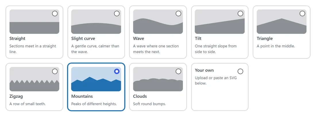 The Section edges card on Design: the shapes from Straight to Clouds, Mountains picked, and Your own