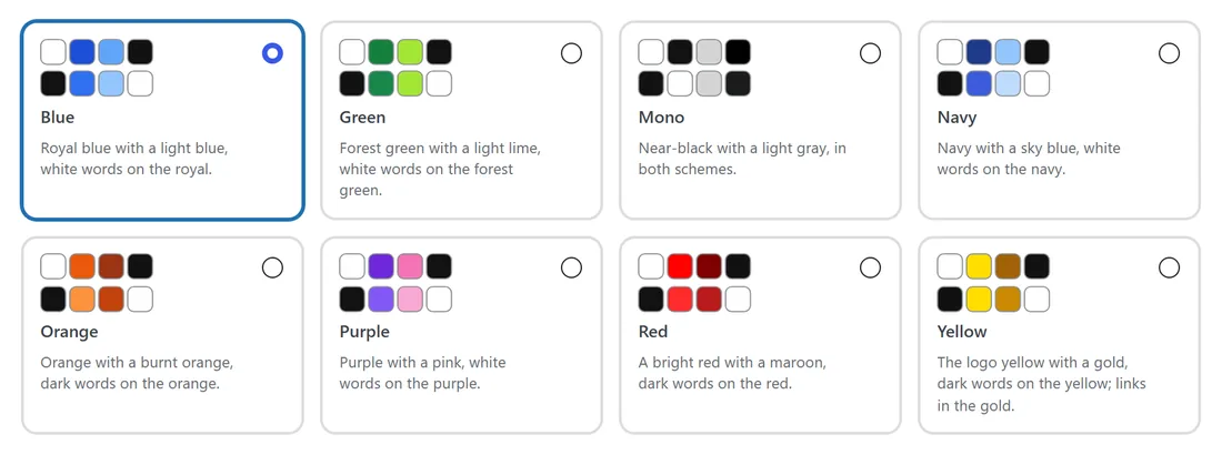 The Look card on Design: the ready-made looks, Blue to Yellow, each with its colors for light and dark, Blue picked