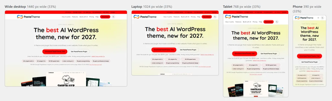 Preview at every size: pastetheme.com's home page side by side at wide desktop, laptop, tablet and phone widths
