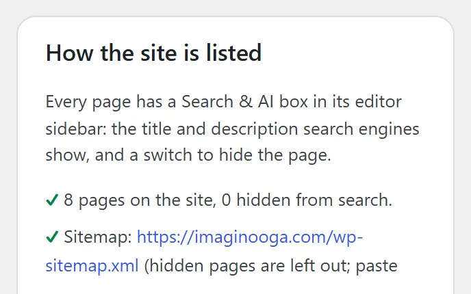 The How the site is listed card on Search: every page has a Search & AI box for its title and description, the page count, and the sitemap's address