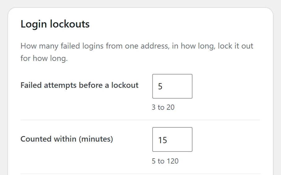 The Login lockouts card: how many failed logins, in how many minutes, lock an address out, and for how long; 5 attempts before a lockout
