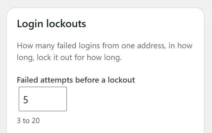 The Login lockouts card: how many failed logins from one address, in how long, lock it out, and for how long; 5 attempts before a lockout