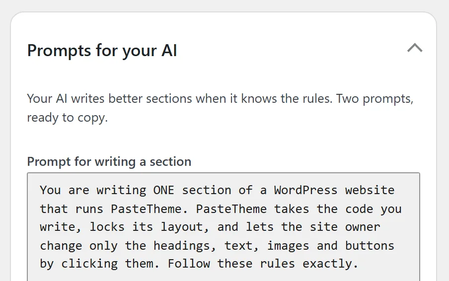 The Prompts for your AI card on the AI screen: two prompts ready to copy, the first for writing a section